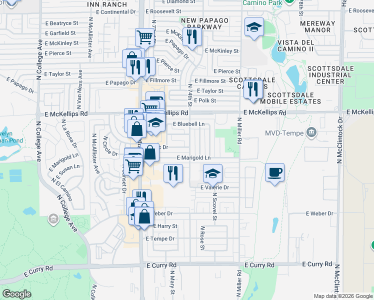 map of restaurants, bars, coffee shops, grocery stores, and more near 1043 East Lilac Drive in Tempe