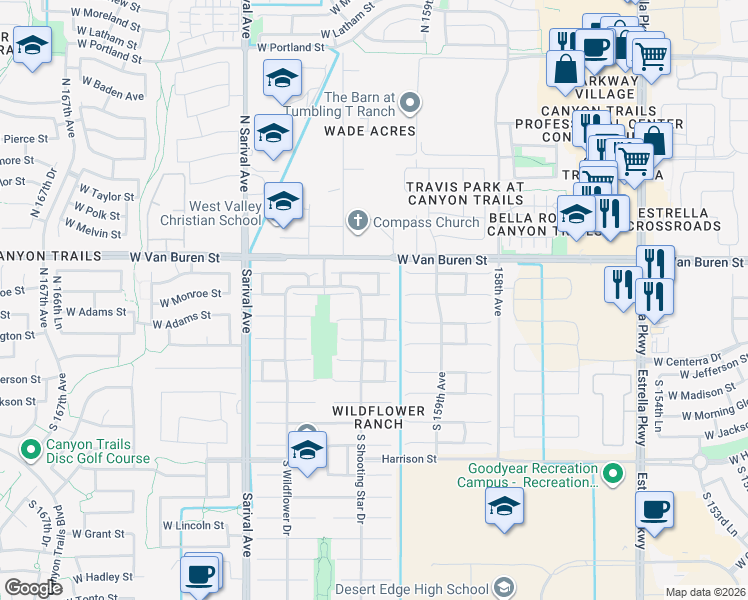 map of restaurants, bars, coffee shops, grocery stores, and more near 16059 West Monroe Street in Goodyear