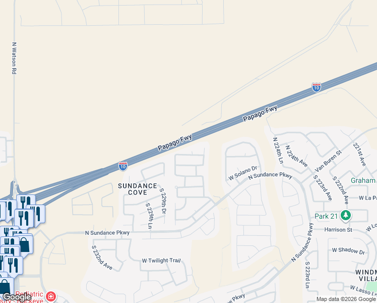 map of restaurants, bars, coffee shops, grocery stores, and more near 118 North 228th Avenue in Buckeye