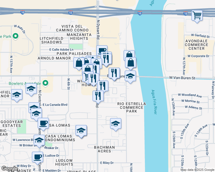 map of restaurants, bars, coffee shops, grocery stores, and more near 1333 North Dysart Road in Avondale