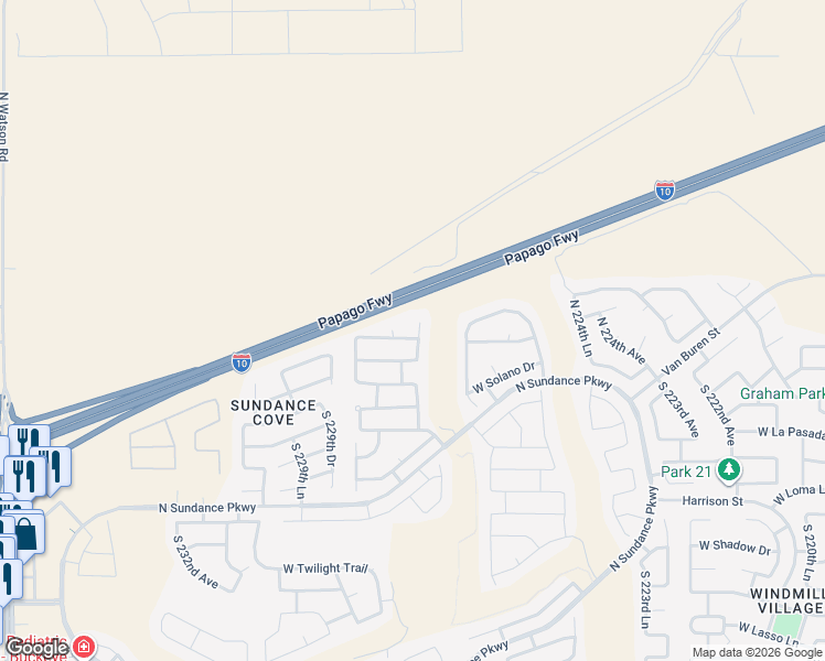 map of restaurants, bars, coffee shops, grocery stores, and more near 120 North 227th Lane in Buckeye