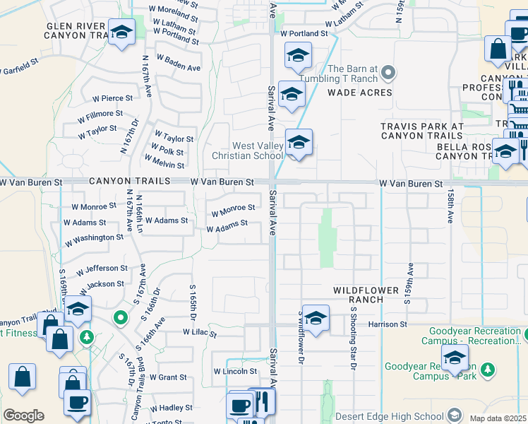map of restaurants, bars, coffee shops, grocery stores, and more near 16313 West Monroe Street in Goodyear