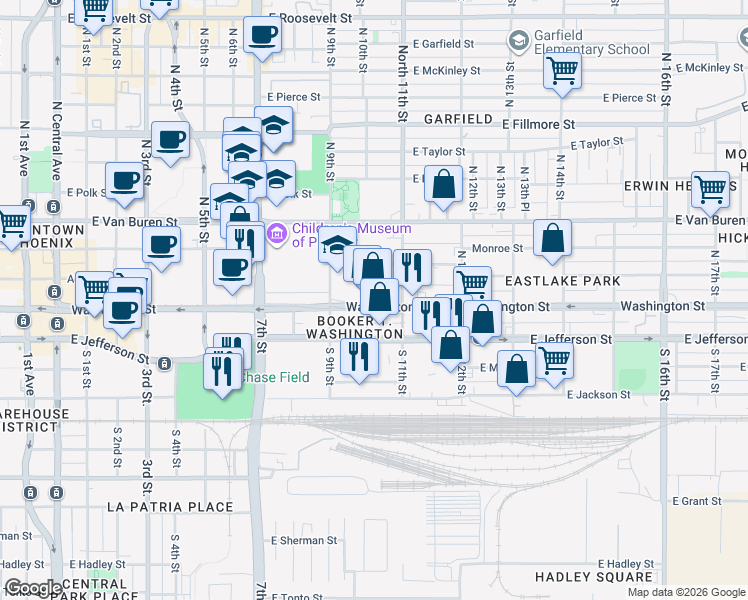 map of restaurants, bars, coffee shops, grocery stores, and more near 1010 East Washington Street in Phoenix