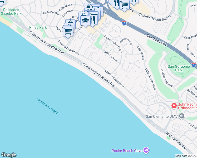 map of restaurants, bars, coffee shops, grocery stores, and more near 35471 Beach Road in Dana Point