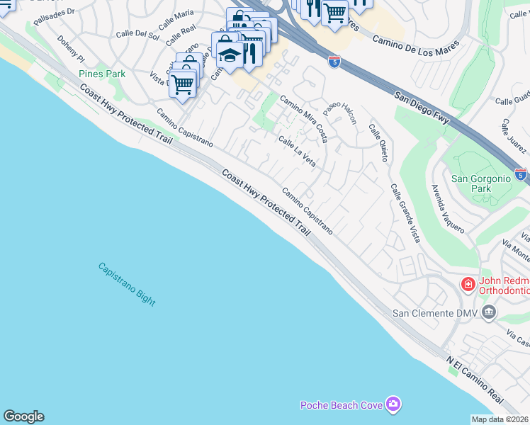 map of restaurants, bars, coffee shops, grocery stores, and more near 35461 Beach Road in Dana Point