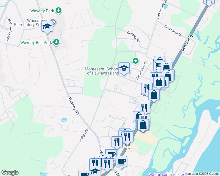 map of restaurants, bars, coffee shops, grocery stores, and more near 2364 Petigru Drive in Pawleys Island