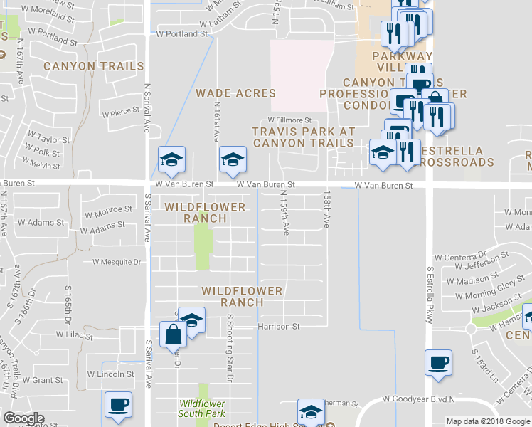 map of restaurants, bars, coffee shops, grocery stores, and more near 15967 West Monroe Street in Goodyear