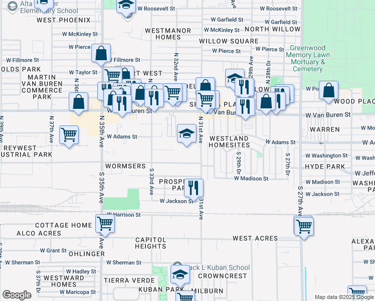 map of restaurants, bars, coffee shops, grocery stores, and more near 2 North 31st Avenue in Phoenix