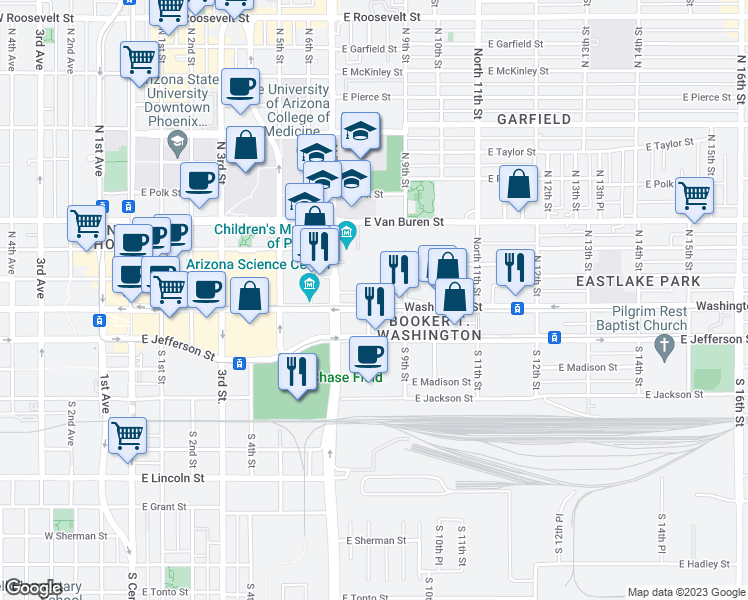 map of restaurants, bars, coffee shops, grocery stores, and more near 706 Washington Street in Phoenix