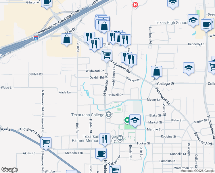 map of restaurants, bars, coffee shops, grocery stores, and more near 3310 North Robison Road in Texarkana