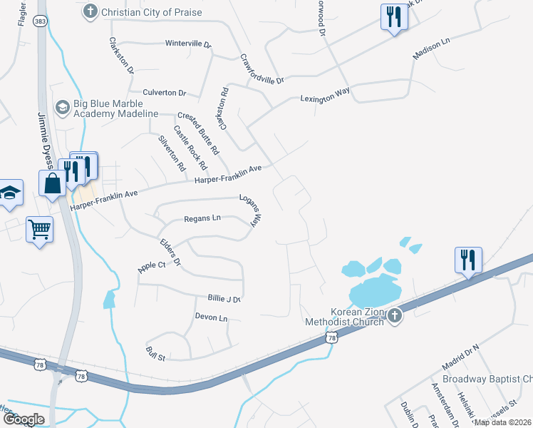 map of restaurants, bars, coffee shops, grocery stores, and more near 4557 Logans Way in Augusta