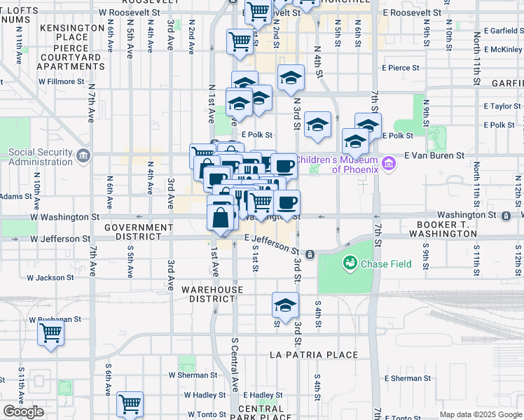 map of restaurants, bars, coffee shops, grocery stores, and more near 1 North 1st Street in Phoenix