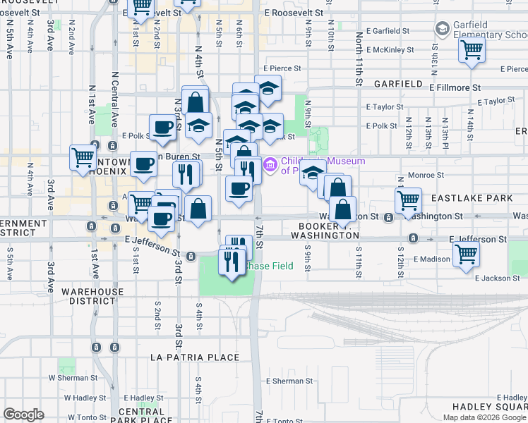 map of restaurants, bars, coffee shops, grocery stores, and more near in Phoenix