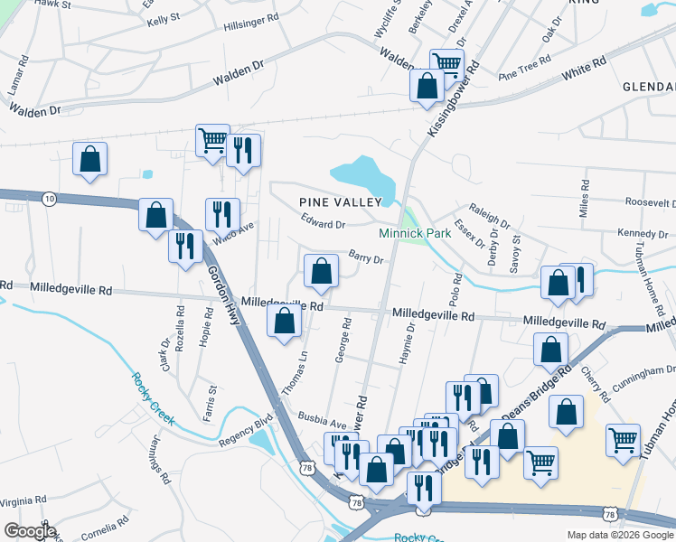 map of restaurants, bars, coffee shops, grocery stores, and more near 2713 Pine Valley Road in Augusta