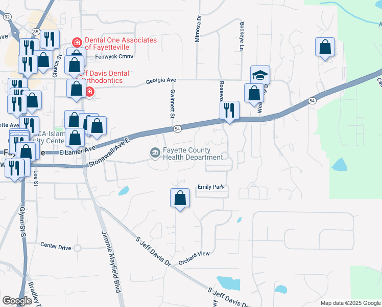 map of restaurants, bars, coffee shops, grocery stores, and more near 110 Courtyard Lane in Fayetteville