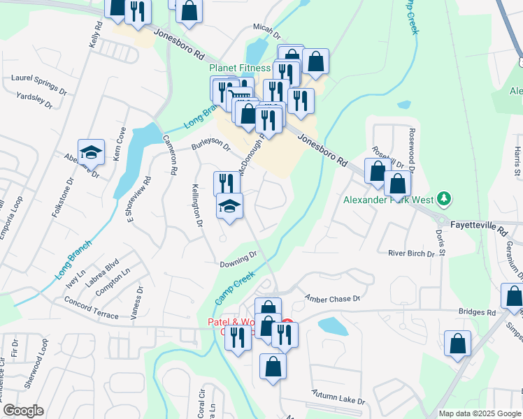 map of restaurants, bars, coffee shops, grocery stores, and more near 12 Walden Run Place in McDonough