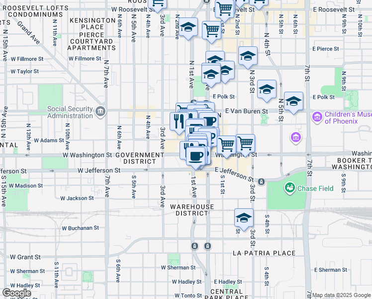 map of restaurants, bars, coffee shops, grocery stores, and more near 100 West Washington Street in Phoenix