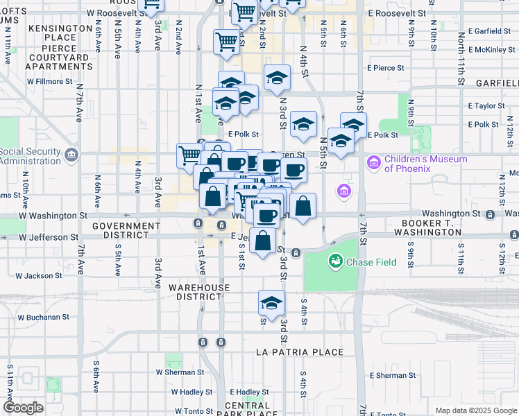 map of restaurants, bars, coffee shops, grocery stores, and more near 146 East Washington Street in Phoenix
