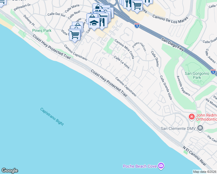 map of restaurants, bars, coffee shops, grocery stores, and more near 35461 Beach Road in Dana Point