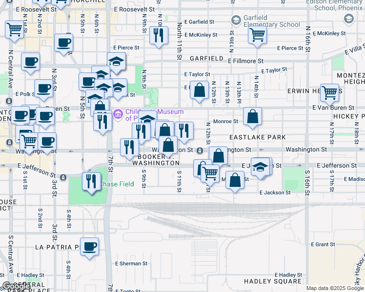 map of restaurants, bars, coffee shops, grocery stores, and more near 1012 East Washington Street in Phoenix