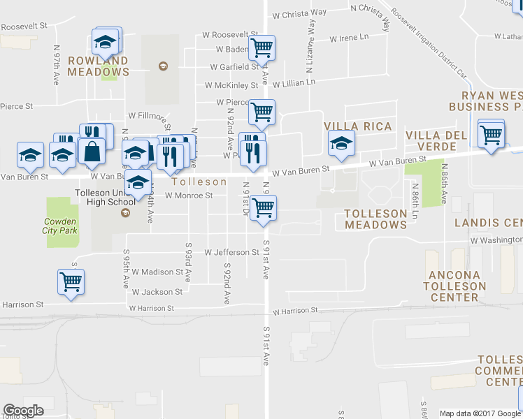 map of restaurants, bars, coffee shops, grocery stores, and more near 9102 West Adams Street in Tolleson