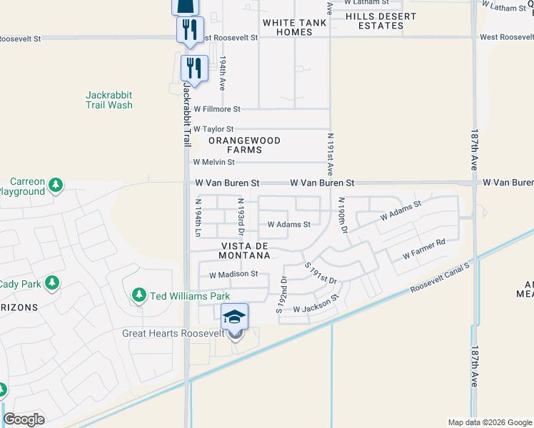 map of restaurants, bars, coffee shops, grocery stores, and more near 19297 West Monroe Street in Buckeye