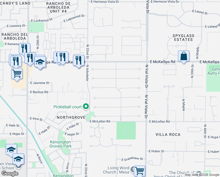 map of restaurants, bars, coffee shops, grocery stores, and more near 3340 East Jacaranda Circle in Mesa