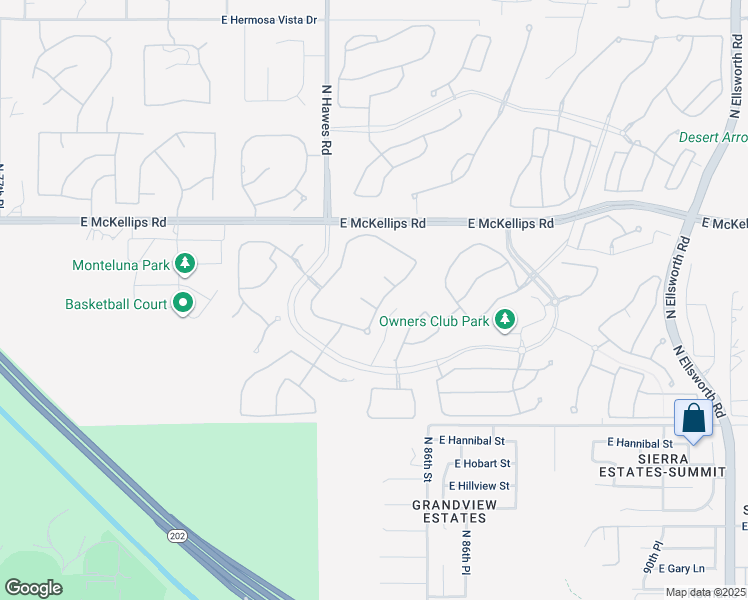 map of restaurants, bars, coffee shops, grocery stores, and more near 8462 East Jasmine Circle in Mesa