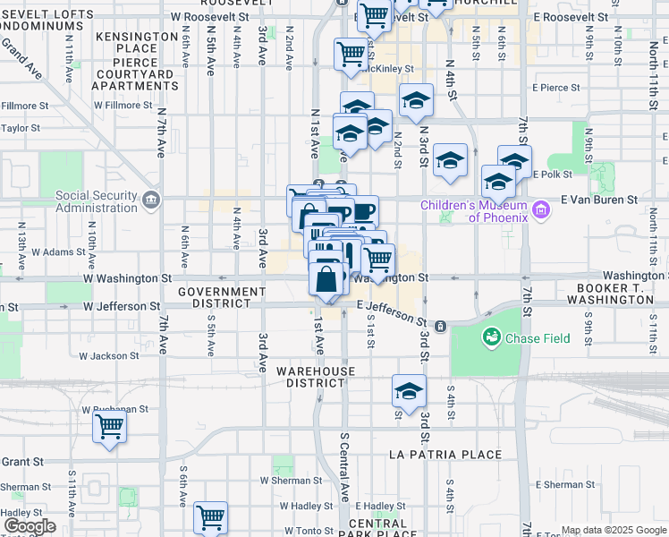 map of restaurants, bars, coffee shops, grocery stores, and more near 1 East Washington Street in Phoenix