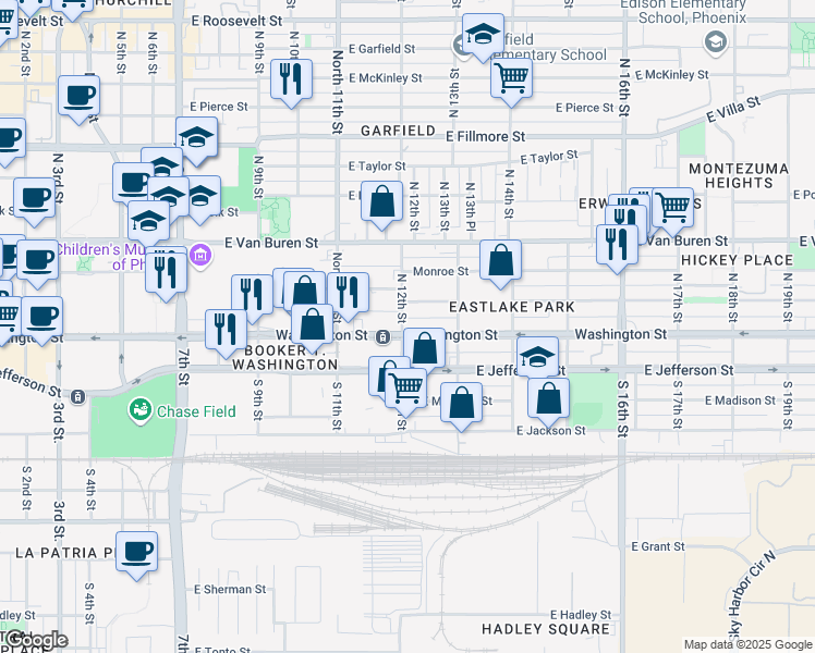 map of restaurants, bars, coffee shops, grocery stores, and more near 11 South 12th Street in Phoenix