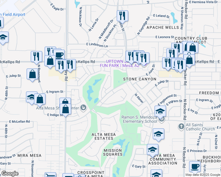 map of restaurants, bars, coffee shops, grocery stores, and more near 5450 East McLellan Road in Mesa