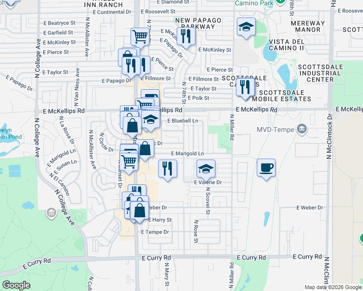 map of restaurants, bars, coffee shops, grocery stores, and more near 1043 East Lilac Drive in Tempe