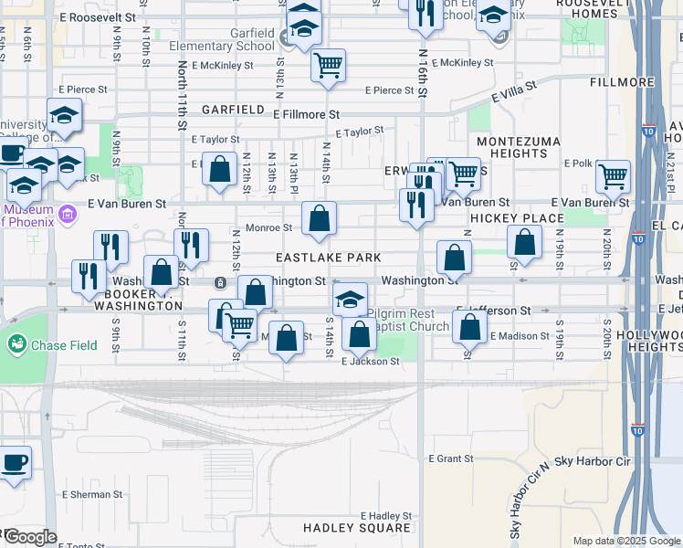 map of restaurants, bars, coffee shops, grocery stores, and more near 1410 East Washington Street in Phoenix