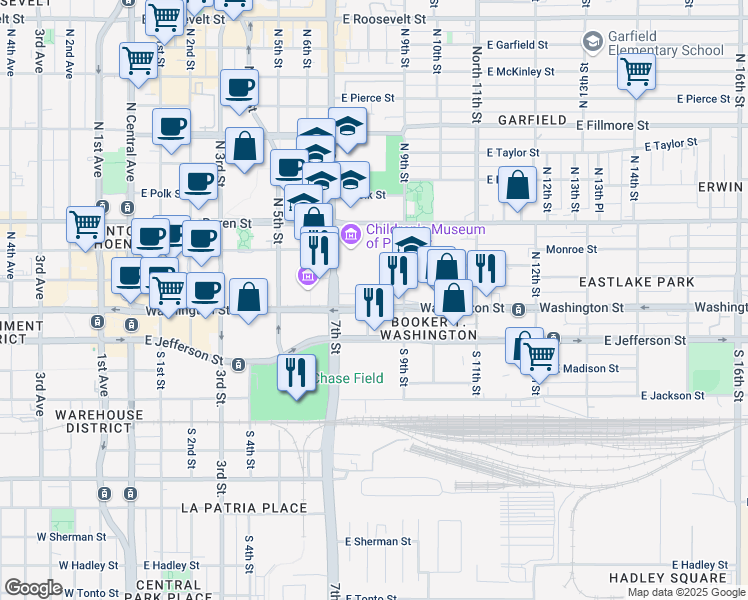 map of restaurants, bars, coffee shops, grocery stores, and more near 706 Washington Street in Phoenix