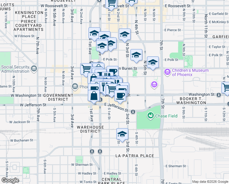 map of restaurants, bars, coffee shops, grocery stores, and more near in Phoenix