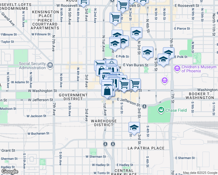 map of restaurants, bars, coffee shops, grocery stores, and more near 1 East Washington Street in Phoenix