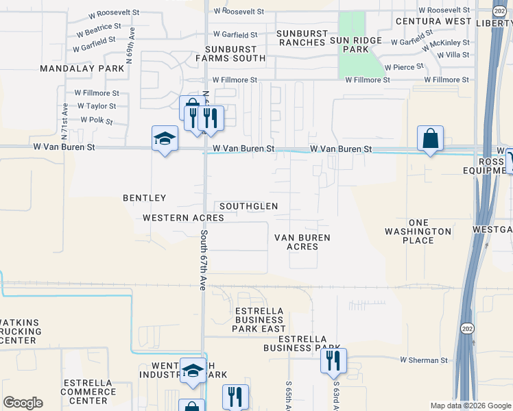 map of restaurants, bars, coffee shops, grocery stores, and more near 6516 West Adams Street in Phoenix