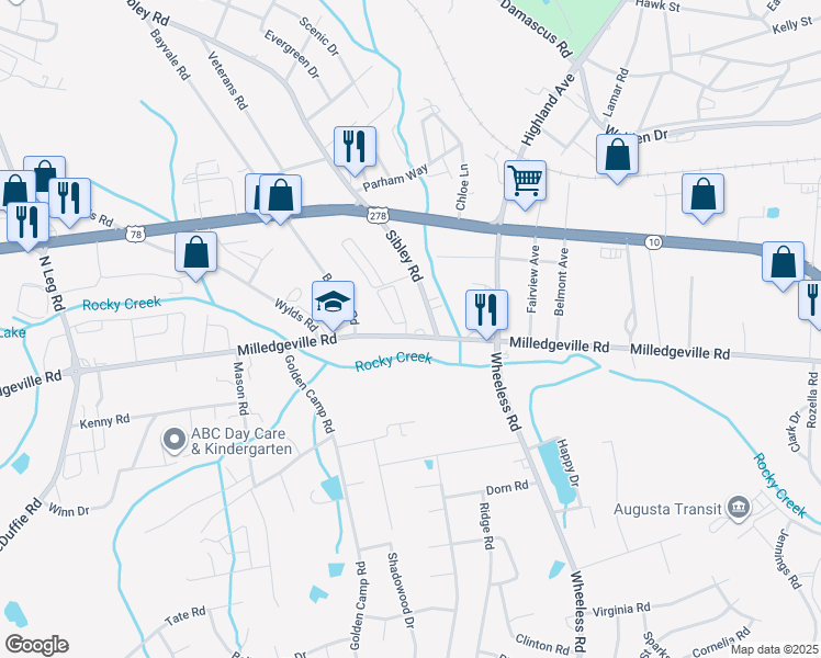 map of restaurants, bars, coffee shops, grocery stores, and more near 2201 Sasser Lane in Augusta