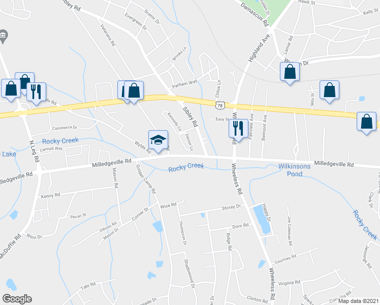 map of restaurants, bars, coffee shops, grocery stores, and more near 2201 Sasser Lane in Augusta