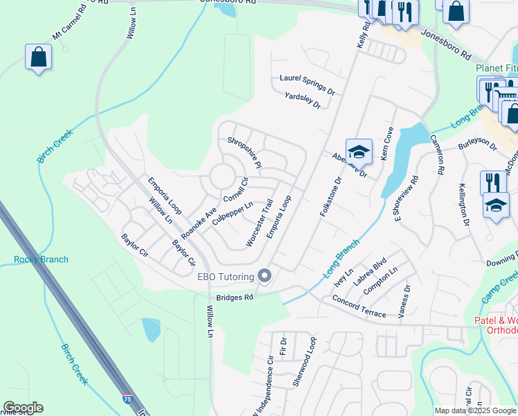 map of restaurants, bars, coffee shops, grocery stores, and more near 1437 Worcester Trail in McDonough