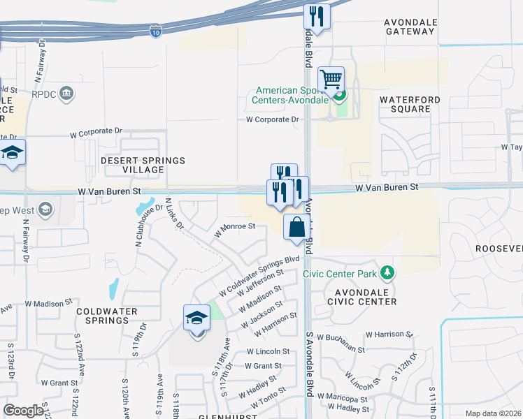 map of restaurants, bars, coffee shops, grocery stores, and more near 11618 West Monroe Street in Avondale