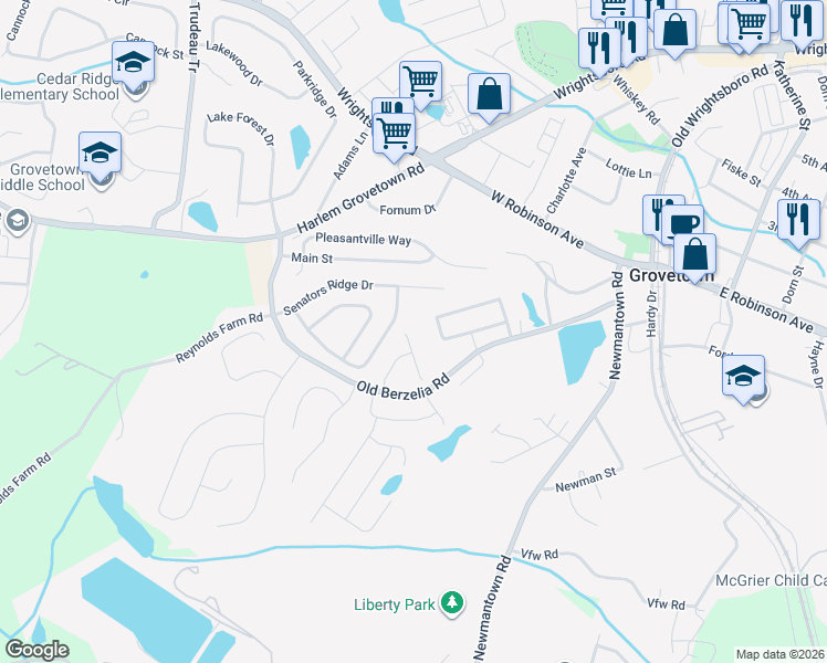 map of restaurants, bars, coffee shops, grocery stores, and more near 962 Arbor Springs Circle in Grovetown