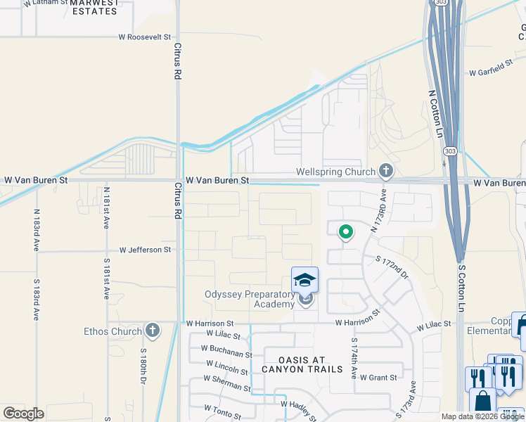 map of restaurants, bars, coffee shops, grocery stores, and more near 17641-17699 West Van Buren Street in Goodyear