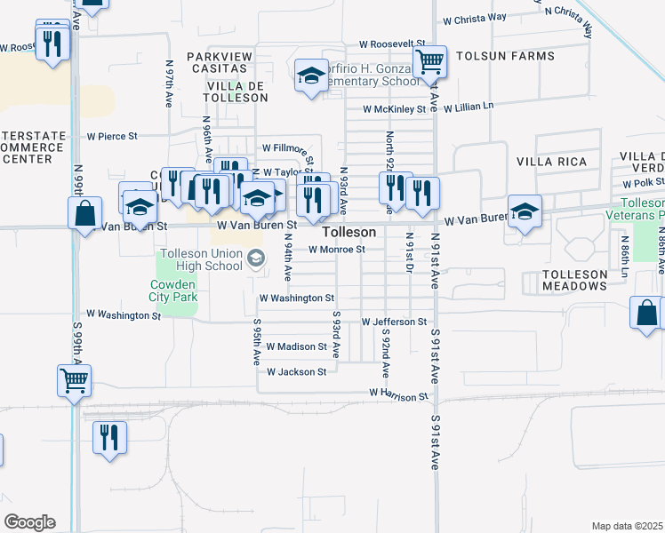 map of restaurants, bars, coffee shops, grocery stores, and more near 9302 West Adams Street in Tolleson
