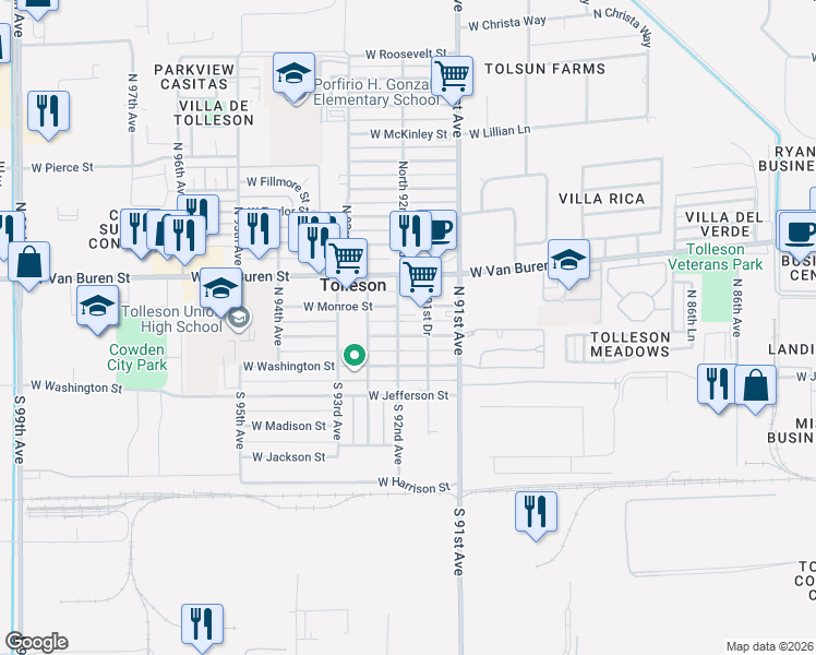 map of restaurants, bars, coffee shops, grocery stores, and more near 9160 West Adams Street in Tolleson