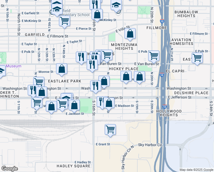 map of restaurants, bars, coffee shops, grocery stores, and more near 1646 East Washington Street in Phoenix