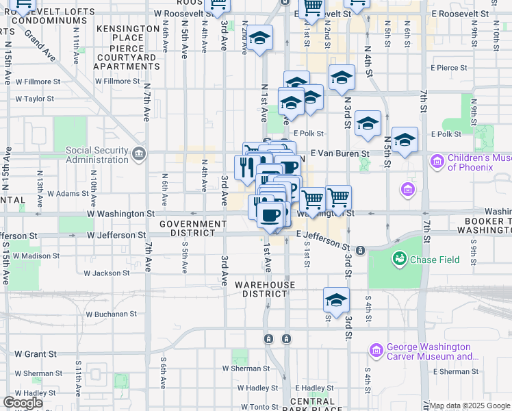 map of restaurants, bars, coffee shops, grocery stores, and more near 100 West Washington Street in Phoenix