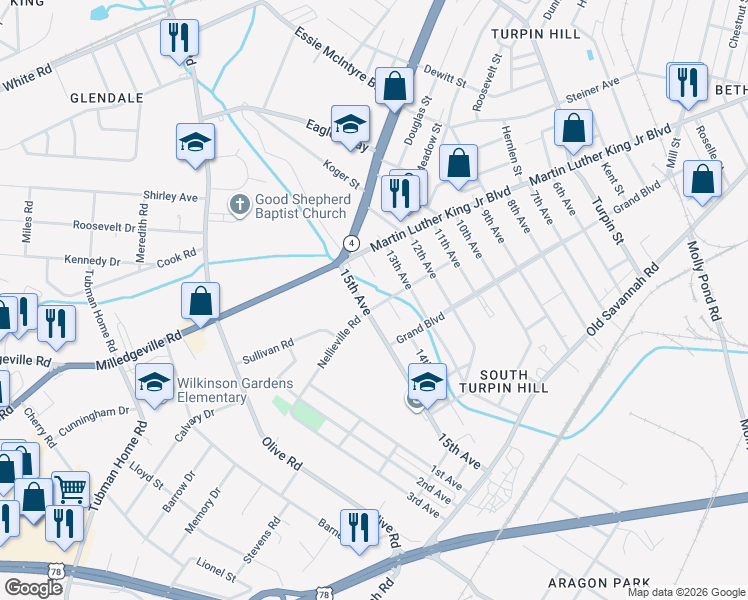 map of restaurants, bars, coffee shops, grocery stores, and more near 1022 15th Avenue in Augusta