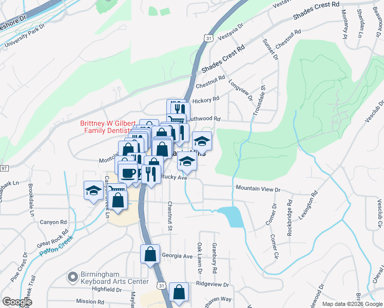 map of restaurants, bars, coffee shops, grocery stores, and more near 609 Eastwood Place in Vestavia Hills