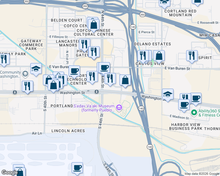 map of restaurants, bars, coffee shops, grocery stores, and more near 4450 East Washington Street in Phoenix